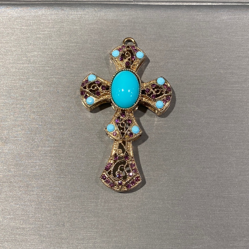 Cross Pendant with Turquoise and Purple and gold toned accents